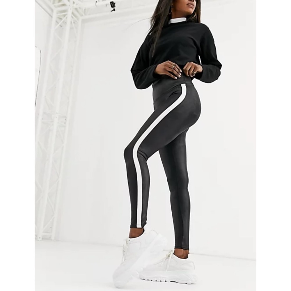 Spanx Faux Leather Side Stripe Leggings High Rise Black Size Small